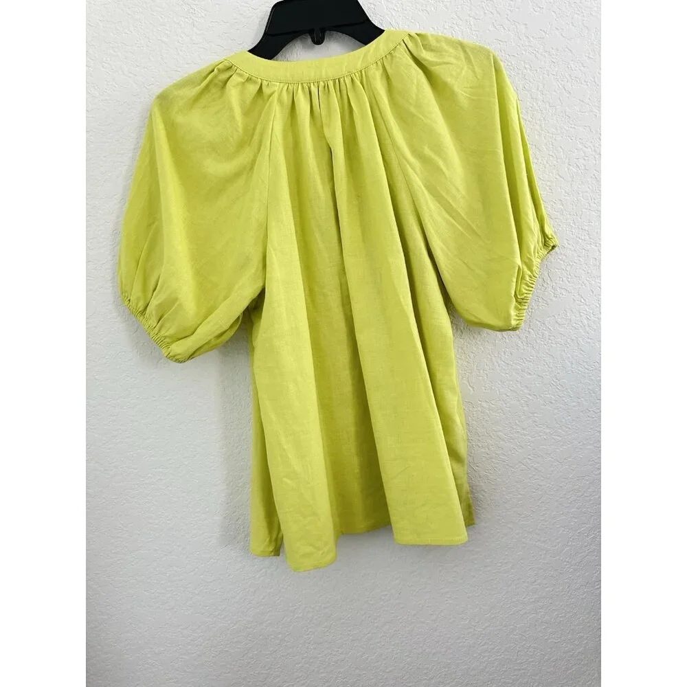 LOFT Womens Top Petite MP Neon Grn Linen Blend Tie Neck Puff Sleeve Peasant Boho
